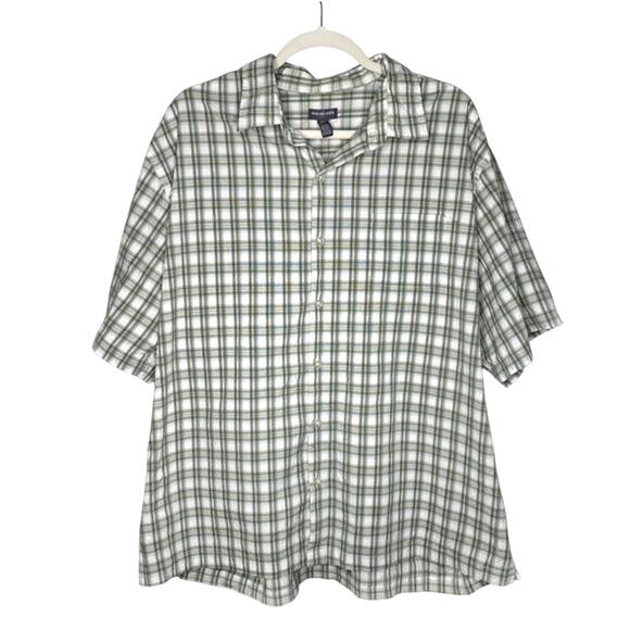 Van Heusen AIR Short Sleeve Plaid Crinkle Button Down Shirt XXL Green White Mens - Picture 1 of 9